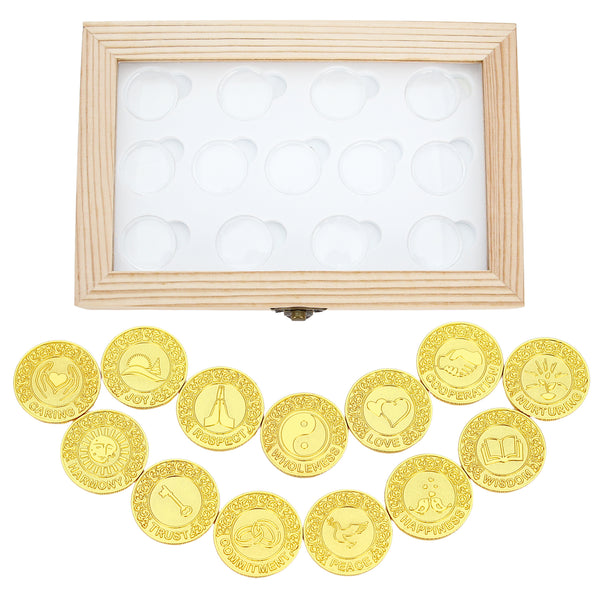 13-Piece Wedding Unity Coin Set with Transparent Wooden Display Box – English Ceremony Arras Keepsake