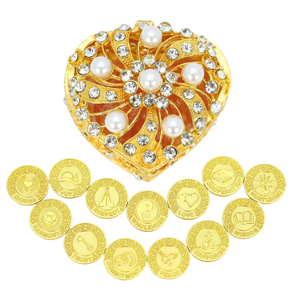 English  Wedding Unity Coins Set – 13 Arras with Twisted Flower Pearl Heart-Shaped Box