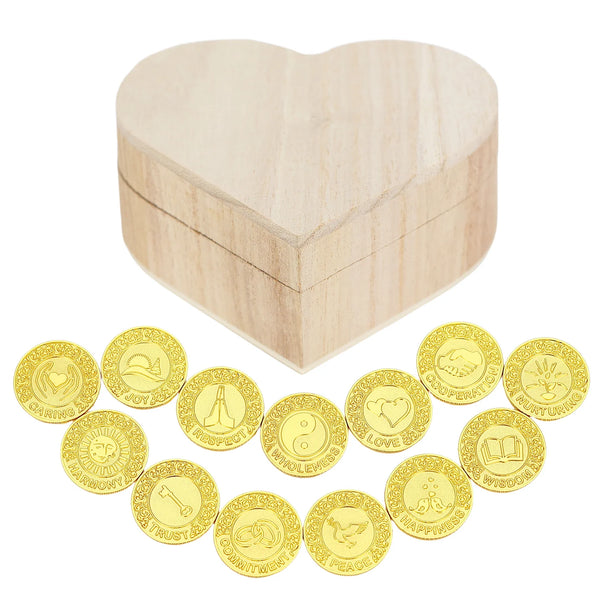 Juego de monedas de unidad para boda inglesa personalizadas: 13 monedas personalizadas con caja de madera con forma de corazón para la ceremonia de Arras.