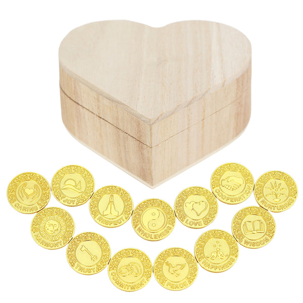 13‑Piece English Wedding Unity Coins Set – Heart‑Shaped Wooden Keepsake Box | Arras Ceremony
