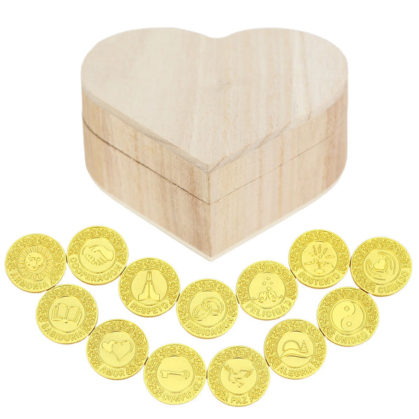 Juego de Arras de Boda Personalizado – 13 Monedas de Unión con Caja de Madera en Forma de Corazón | Tradición Católica Española 
