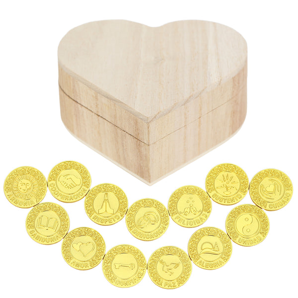 Juego de Arras de Boda con Caja de Madera en Forma de Corazón – 13 Monedas de Unión Nupcial Tradicional Española