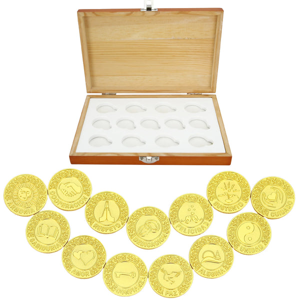 13 Piece Español Las Arras de Boda with Wooden Collection Box – Spanish Wedding Arras Unity Coins Set for Wedding Ceremony