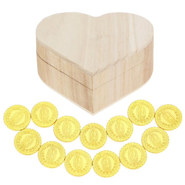 Juego de Arras de la Virgen de Guadalupe – 13 Monedas de Boda con Caja de Madera en Forma de Corazón