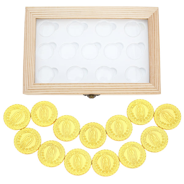 Virgen de Guadalupe Arras de Boda – Set de 13 Monedas con Caja de Madera Acrílica Transparente | Recuerdo Religioso para Bodas Católicas