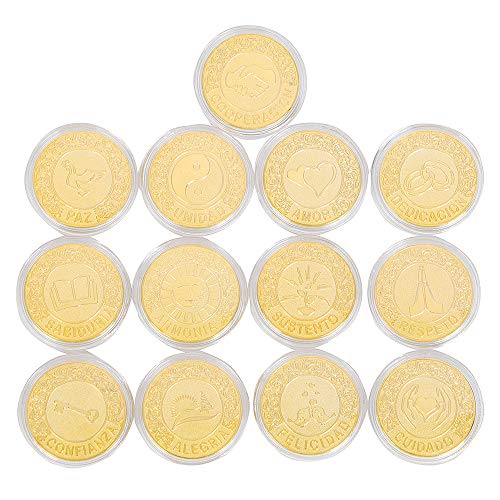 TINGKUEnglish Wedding Arras Coins Set,Gold Wedding Unity Coins Set. These exquisite commemorative coins, A wonderful accessory to every wedding Ceremony. 13 different blessing words words:LOVE,PEACE,TRUST,CARING,HARMONY,RESPECT, WHOLENESS,COOPERATION,COMM