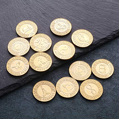 TINGKUEnglish Wedding Arras Coins Set,Gold Wedding Unity Coins Set. These exquisite commemorative coins, A wonderful accessory to every wedding Ceremony. 13 different blessing words words:LOVE,PEACE,TRUST,CARING,HARMONY,RESPECT, WHOLENESS,COOPERATION,COMM